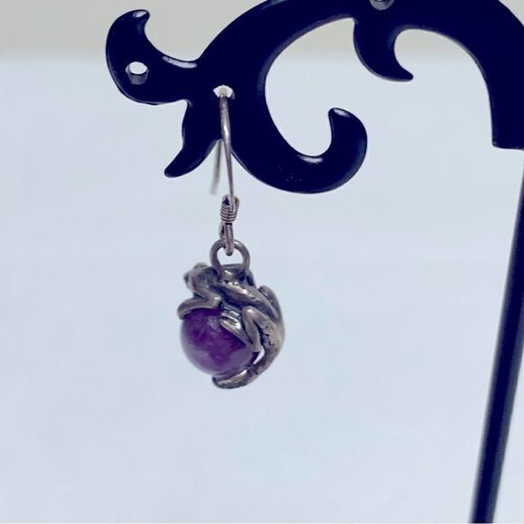 Sterling Silver & Amethyst Gecko Drop Dangle Earrings 1.25” Vintage Gorgeous - Picture 5 of 6